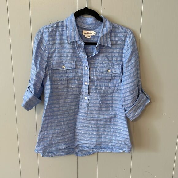 Vineyard Vine Blue Linen Top Size 8 - Picture 1 of 2